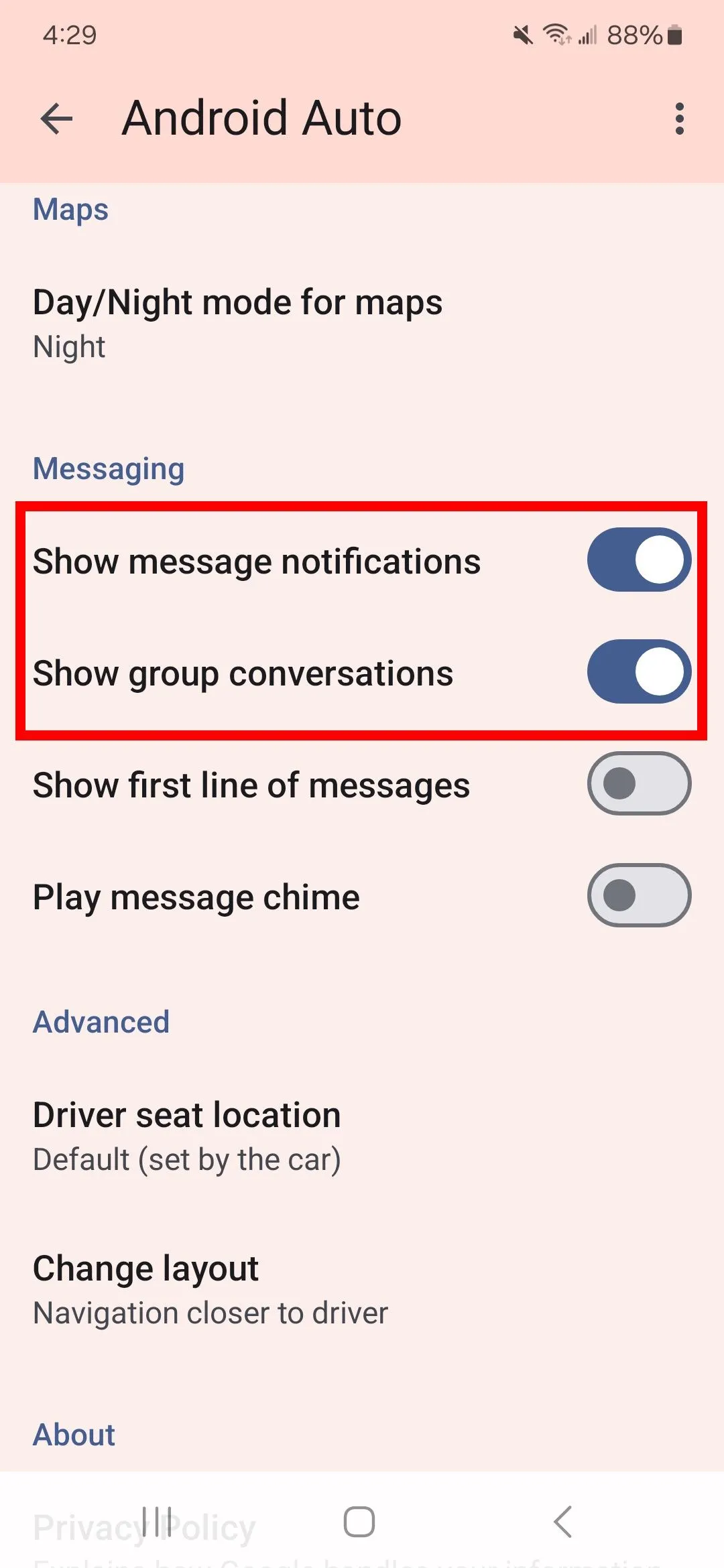 Tùy chọn thông báo tin nhắn trong Android Auto, hướng dẫn tắt Show message notifications để giảm phiền nhiễu