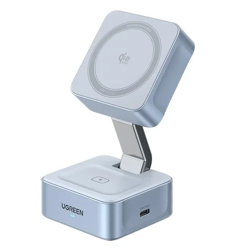 Ugreen MagFlow 2-in-1 nhìn trực diện với nền trắng, hiển thị pad sạc dành cho iPhone và AirPods