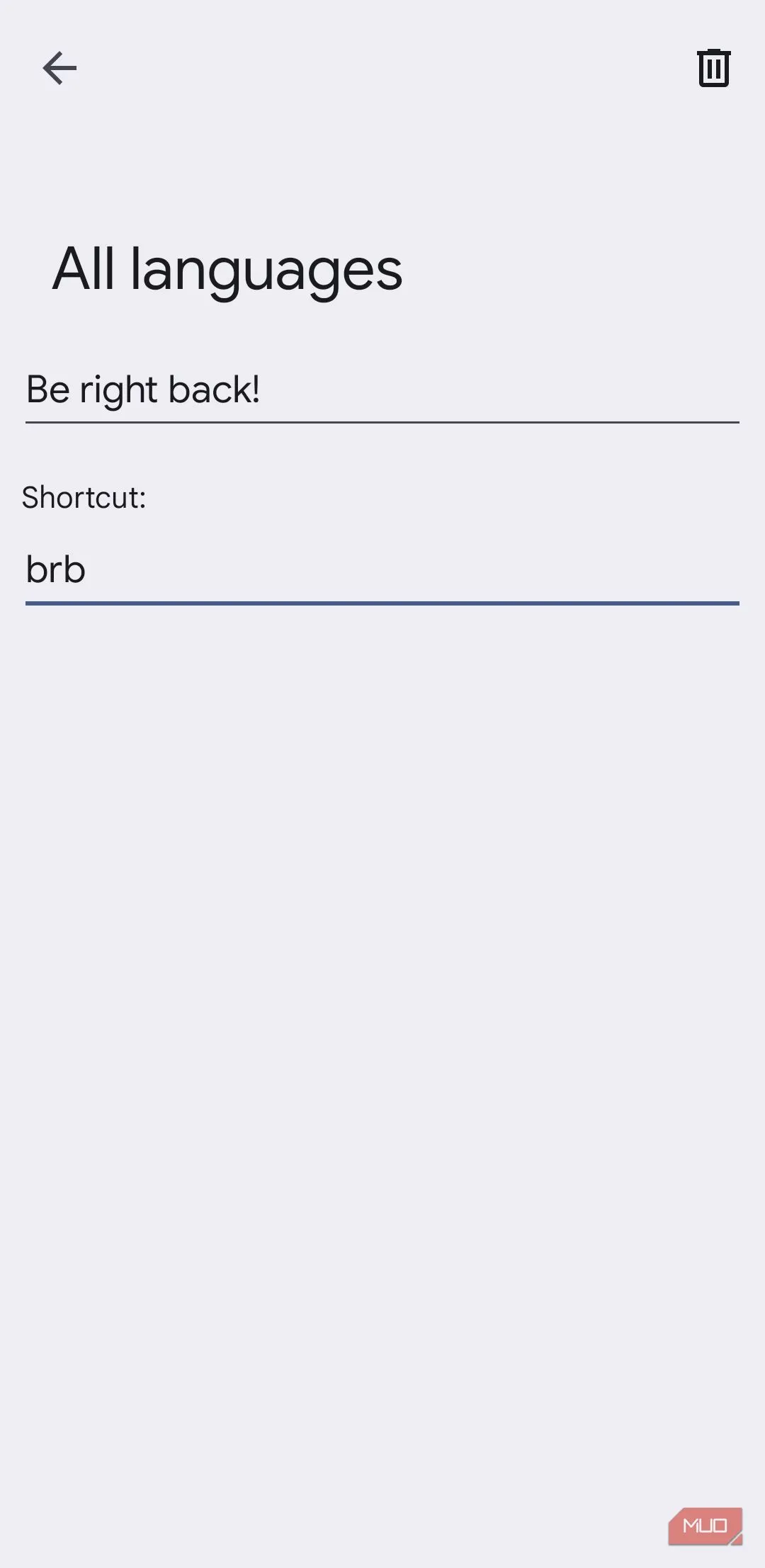 Ví dụ shortcut message trong Gboard hiển thị shortcut và cụm từ lưu sẵn